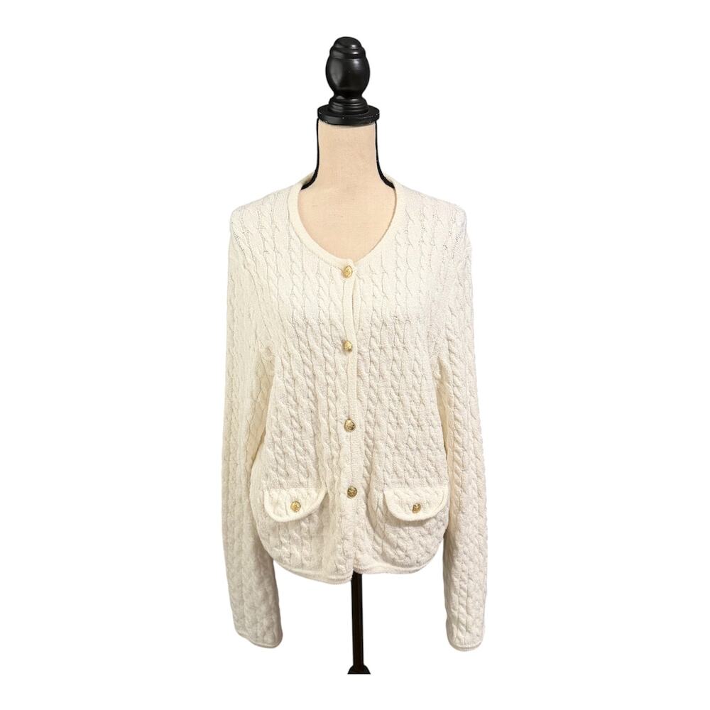 J. Crew Womens Ivory Cable Knit Odette Lady Sweater Jacket Sz L Old Money Luxury